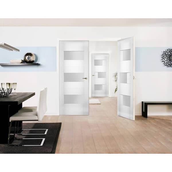 56 in. x 80 in. Single Panel White Finished Pine Wood Sliding Door with Hardware