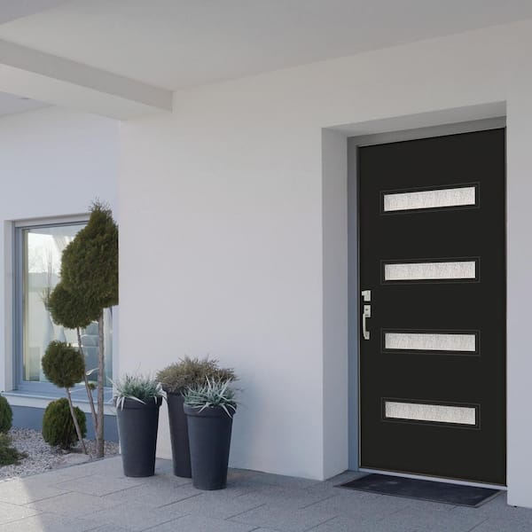 36 in. x 80 in. Left-Hand Inswing 4 Lite Water Wave Glass Black Finished Fiberglass Prehung Front Door