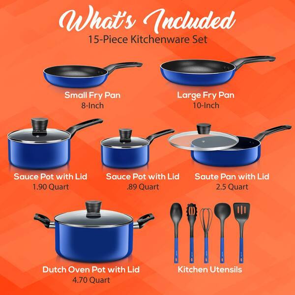 15 Piece Aluminum Nonstick Cookware Set in Blue