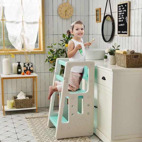 Kids Kitchen Step Stool with Double Safety Rails Toddler Learning Stool Green