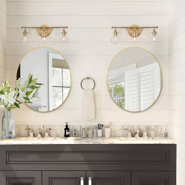 Modern 21 in. 3-Light Brass Gold Bath Vanity Light with Globe Clear Glass Shade Wall Sconce, LED Compatible