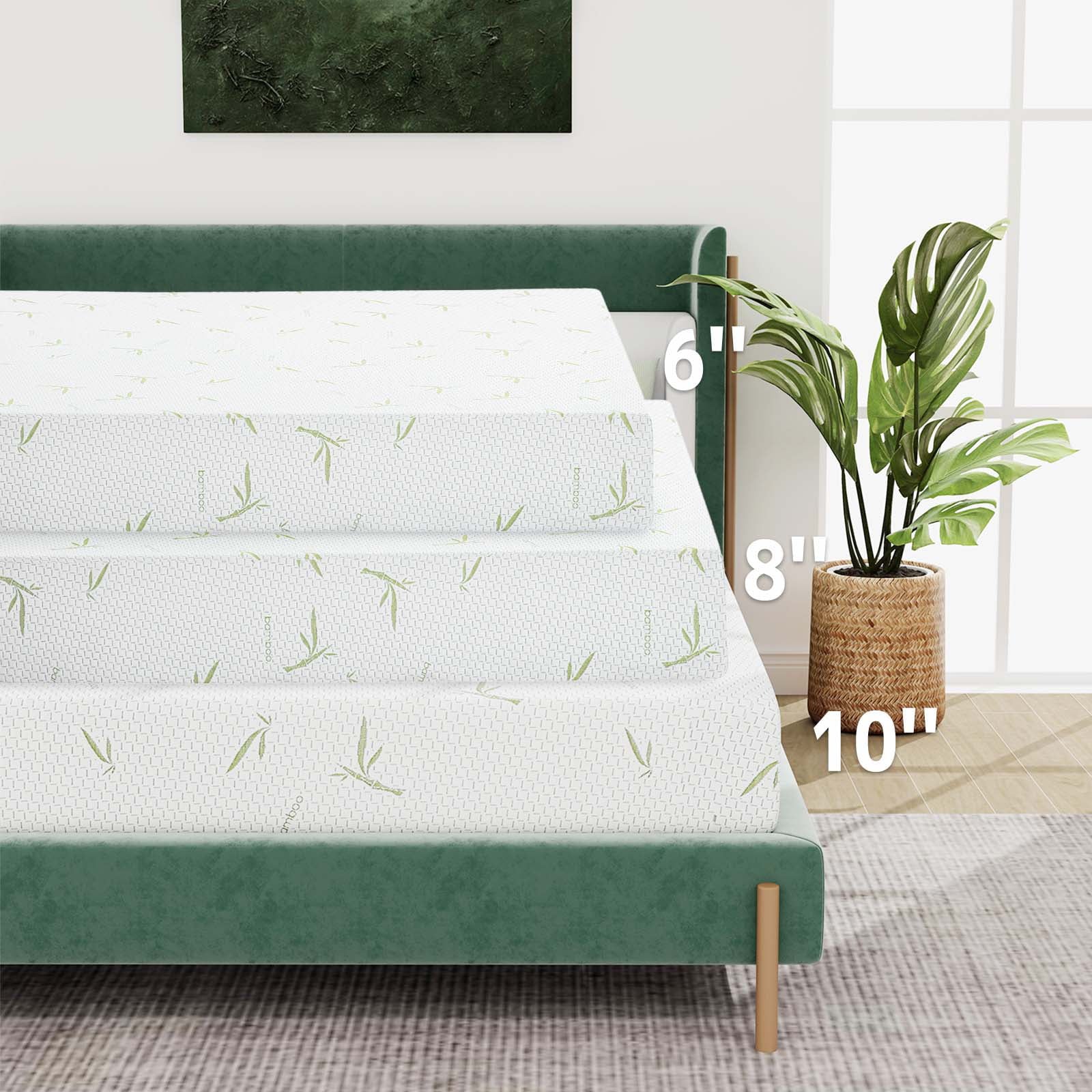 Twin Size Memory Foam Mattress with Bamboo Pattern Cover Breathable Bed Mattress in a Box, CertiPUR-US, Made in USA