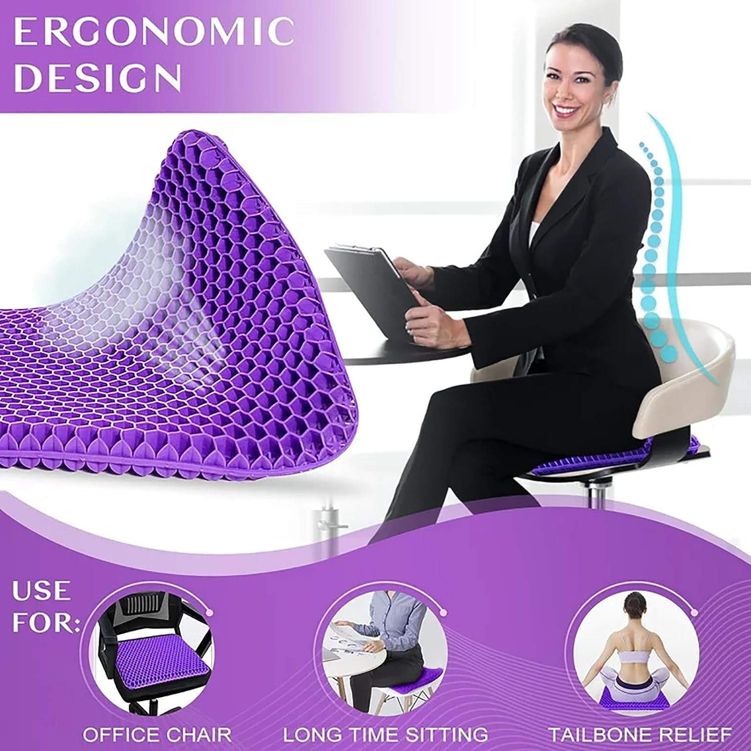 Gel Seat Cushion Pillow for Long Sitting – Office Chair Car Egg Seat Cushion with Non-Slip Cover for Back, Coccyx & Tailbone Pain Relief Pad - Pressure Reducing Honeycomb Designed for Comfort
