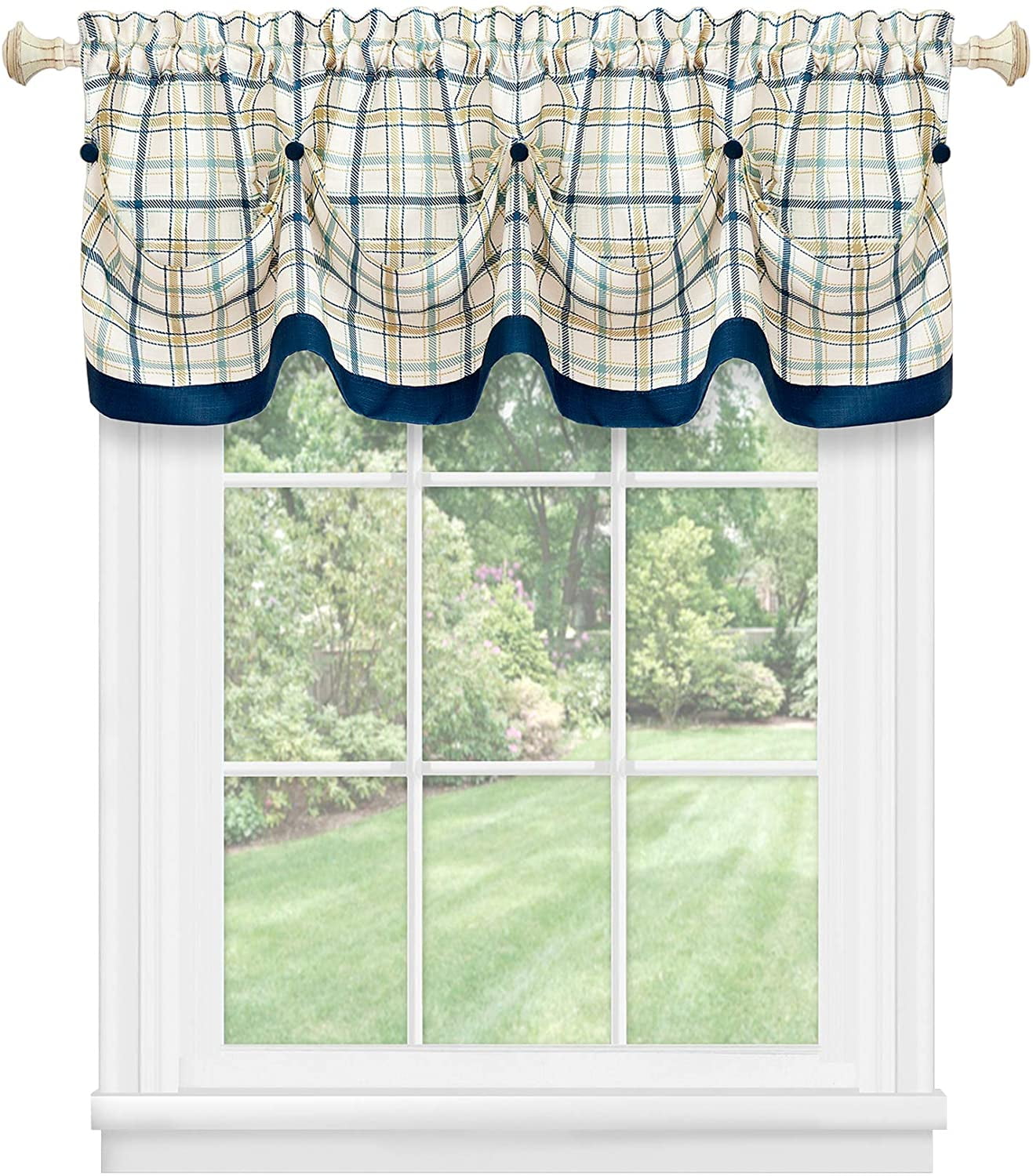 3-Piece Window Kitchen Curtain Set with Double Layer Plaid Gingham Fabric, Tier Pair Panels and Button Tab Top Valance, Navy, 24