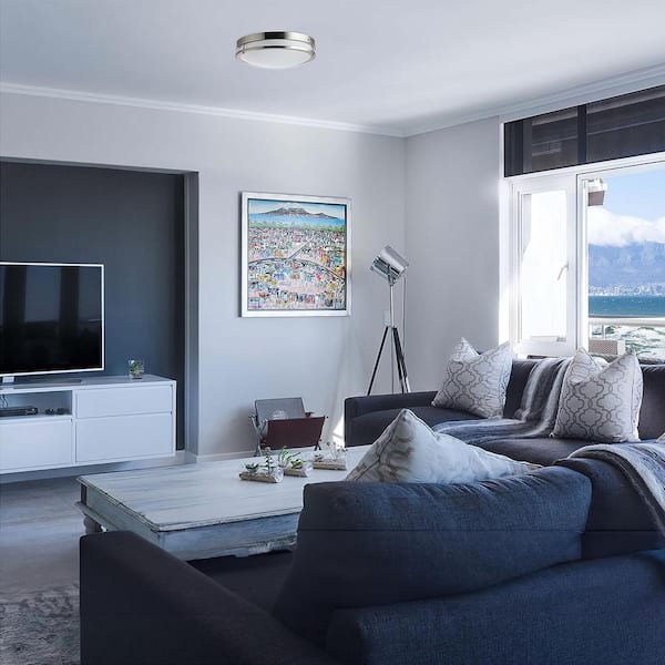 14 in. 1-Light Brushed Nickel Selectable LED Selectable CCT Round Dimmable Flush Mount with Emergency Backup Battery