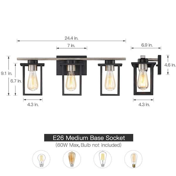 24.4 in. 3-Light Matt Black/Wood Tone Rustic Farmhouse Bathroom Vanity Light with Open Cage Shades
