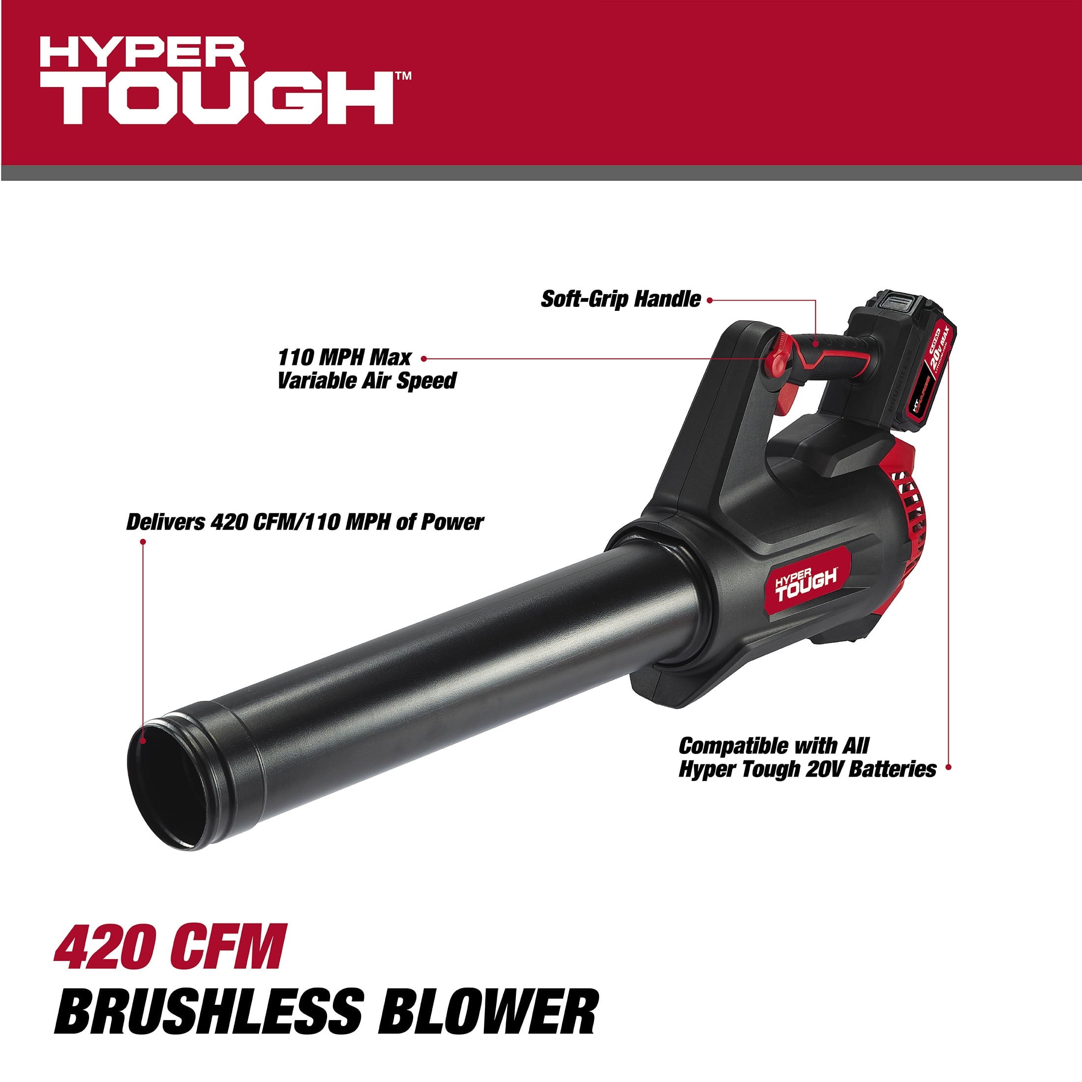 Hyper Tough 20V Max 110 mph 420 Cfm 4.0Ah Brushless Handheld Battery Blower, HT22-401-03-01