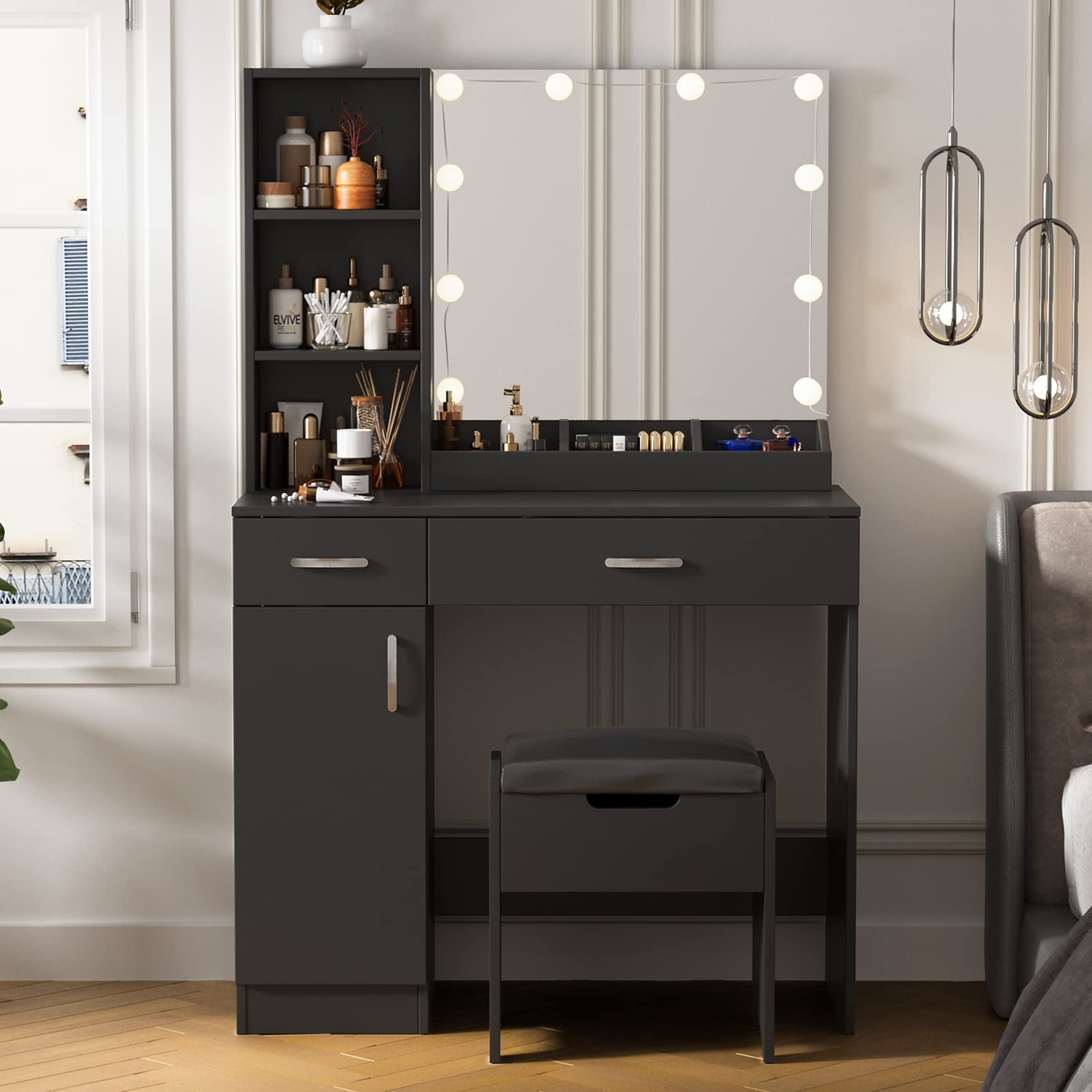 Veanerwood Makeup Vanity Table with 10 Led Lights, Lighted Mirror Vanity Desk, Modern Bedroom Dressing Vanity, White Finish