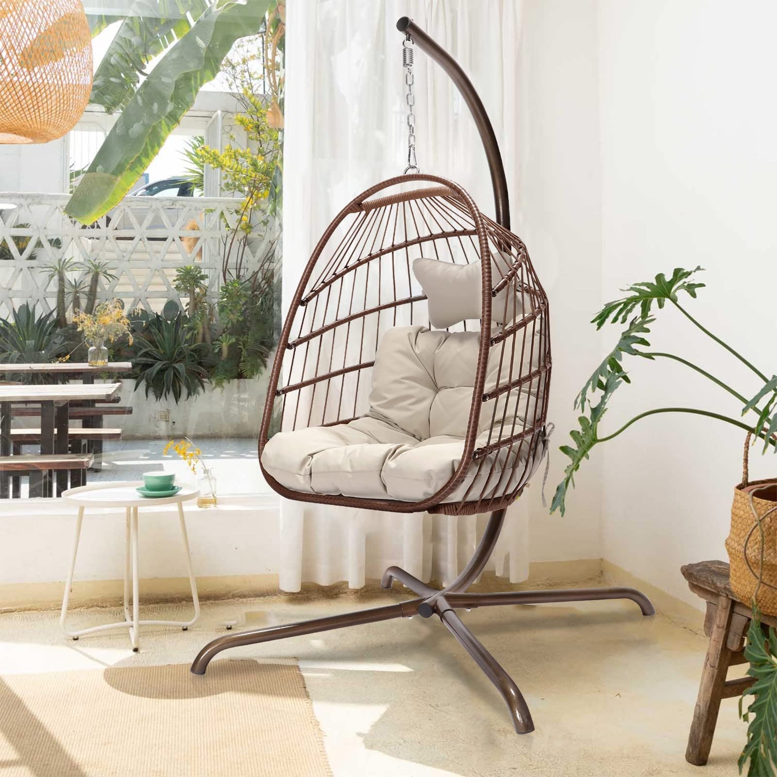 Nicesoul Foldable PE Wicker Brown Hanging Egg Chair With Stand Swing Chair With Cushion and Pillow Capacity 350lbs
