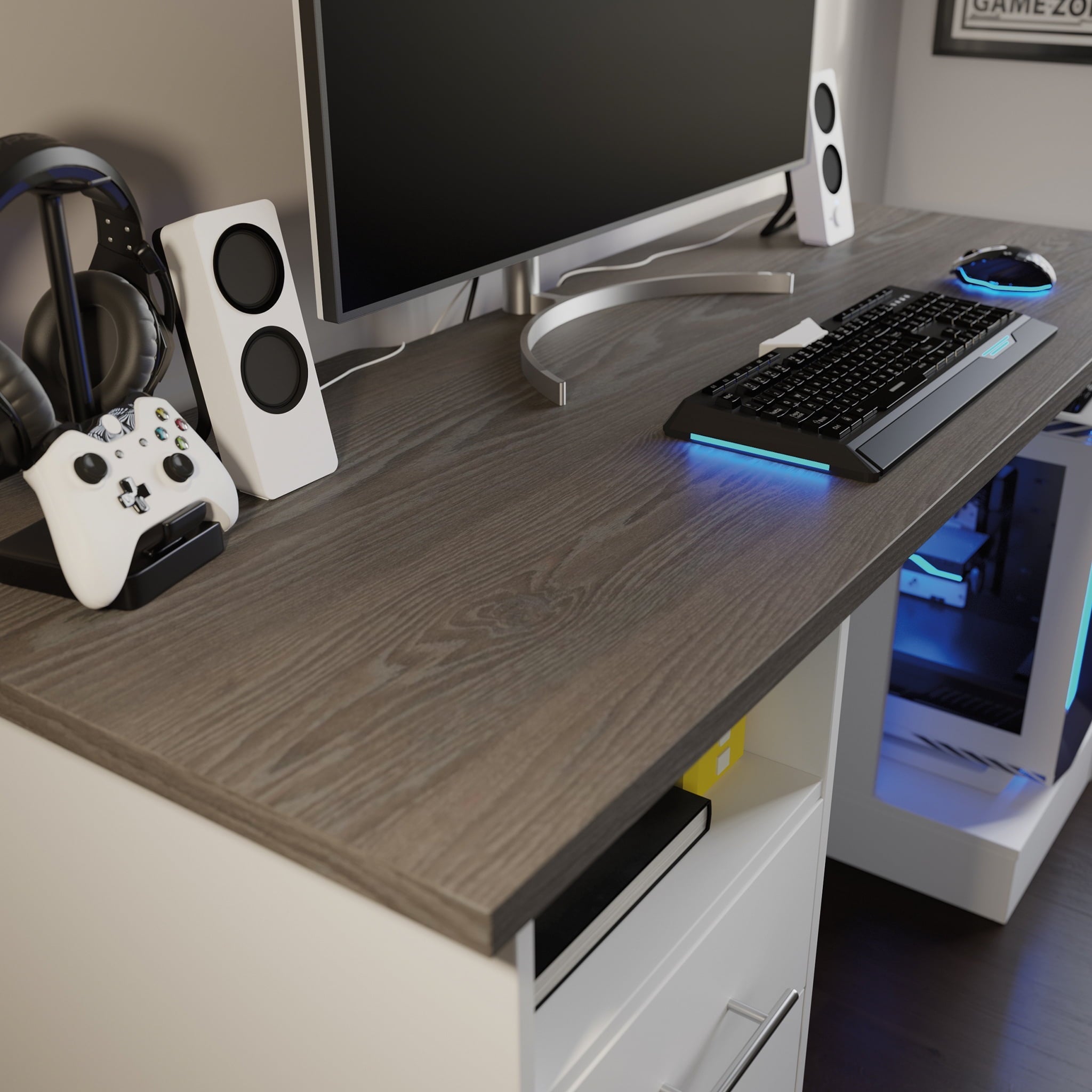 Sauder Gaming Desk with Charcoal Ash Accent Top, White Finish