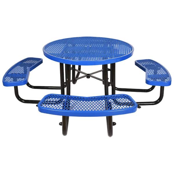 85 in. x 85 in. x 28.9 in. Round Outdoor Steel Picnic Table Blue, with Umbrella Pole