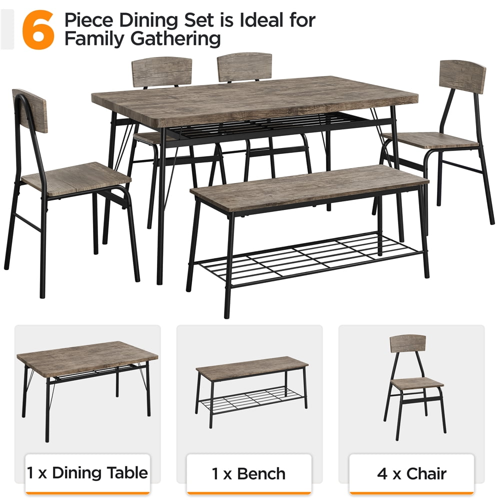 Easyfashion Dining Table Set with 4 Chairs and 1 Bench, Drift Brown
