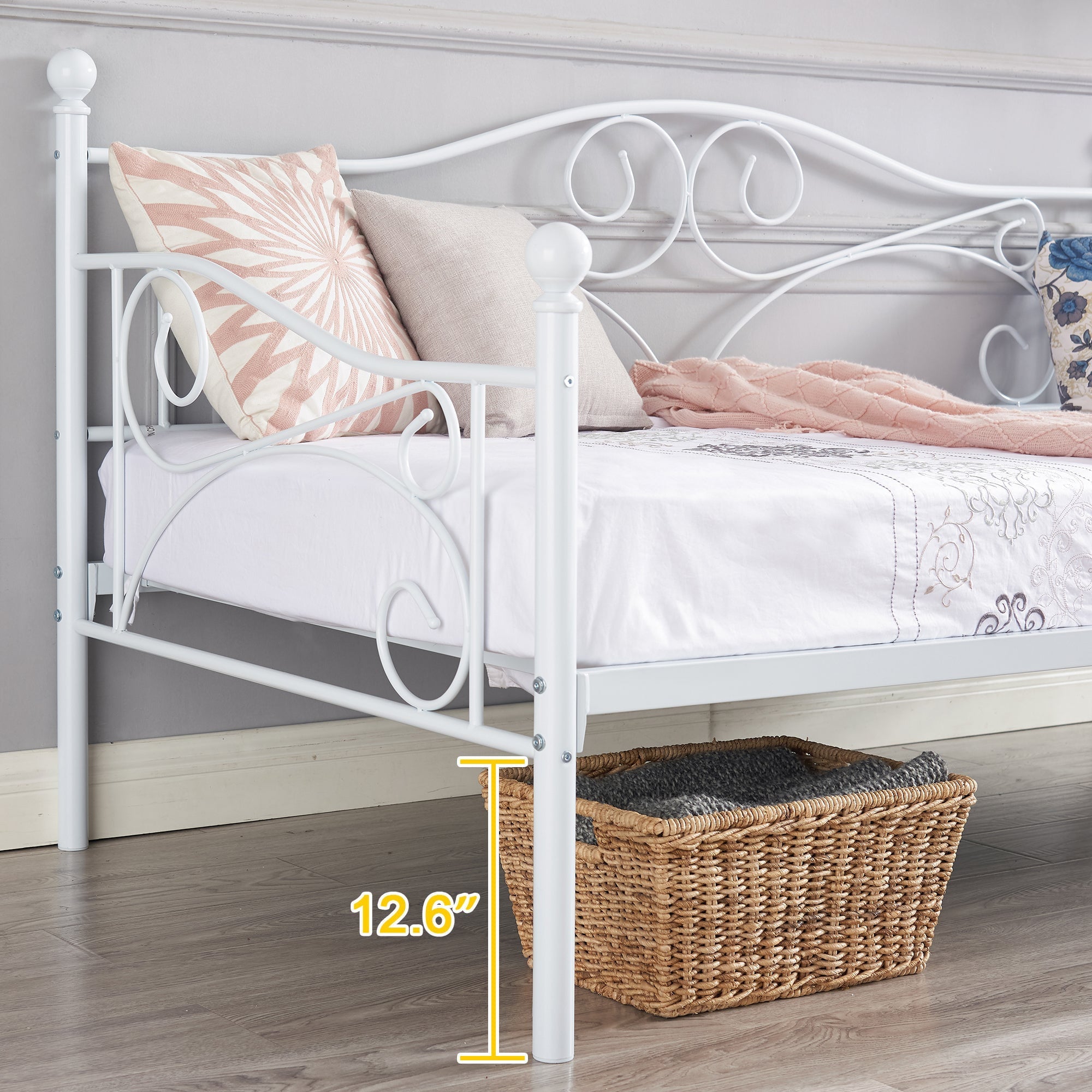 VECELO Twin Metal Daybed Frame with Trundle, Mattress Foundation Sofa Bed Platfrom with Headboard, No Box Spring Needed, White
