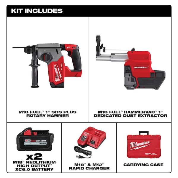 M18 FUEL 18V Lithium-Ion Brushless 1 in. Cordless SDS-Plus Rotary Hammer/Dust Extractor Kit, Two 6.0 Ah Batteries