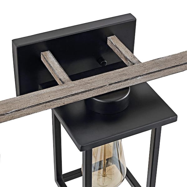 24.4 in. 3-Light Matt Black/Wood Tone Rustic Farmhouse Bathroom Vanity Light with Open Cage Shades