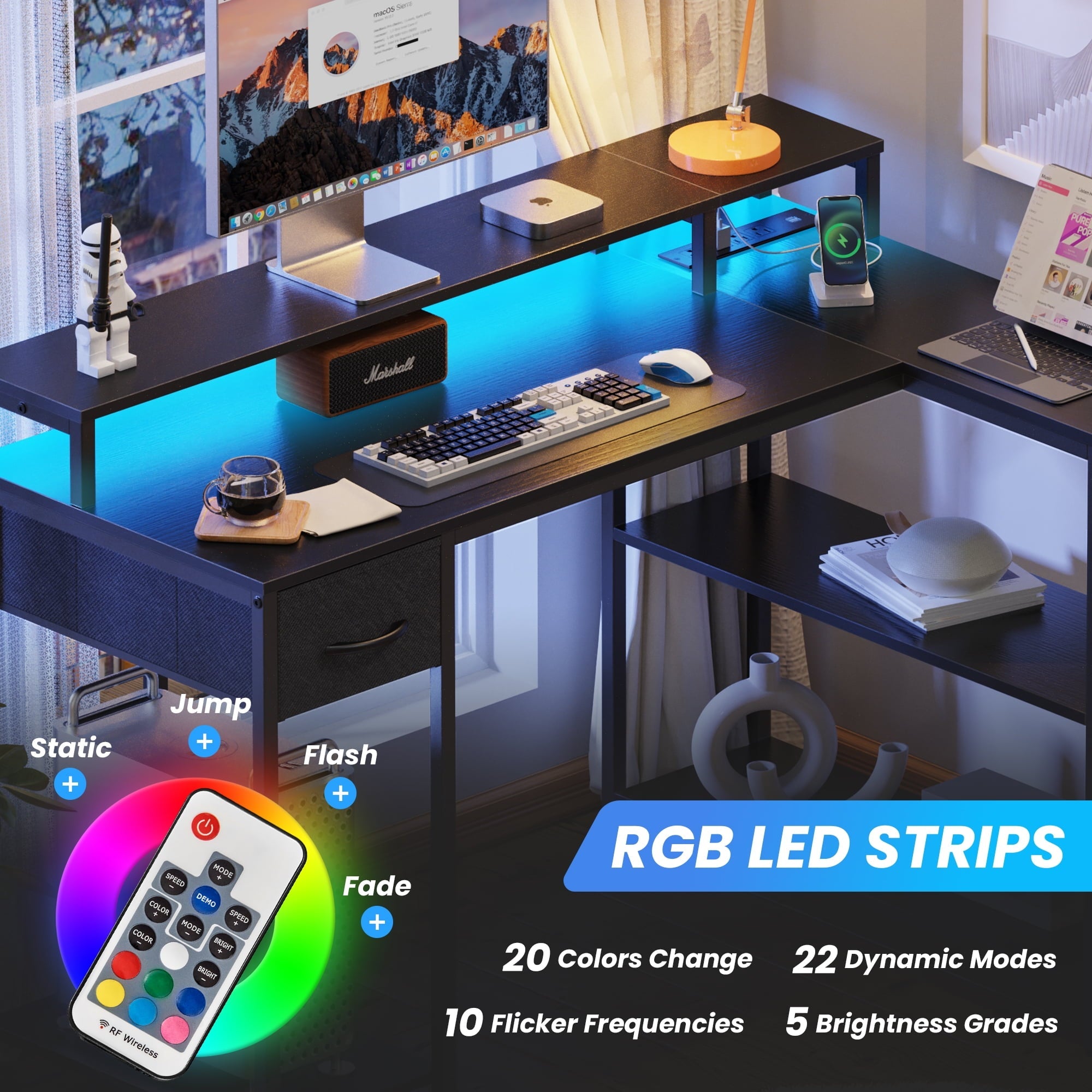 SUPERJARE L-Shaped Computer Desk with LED Lights & Power Outlets, Gaming Desk with Shelves & Drawer, Reversible L Office Desk, Black