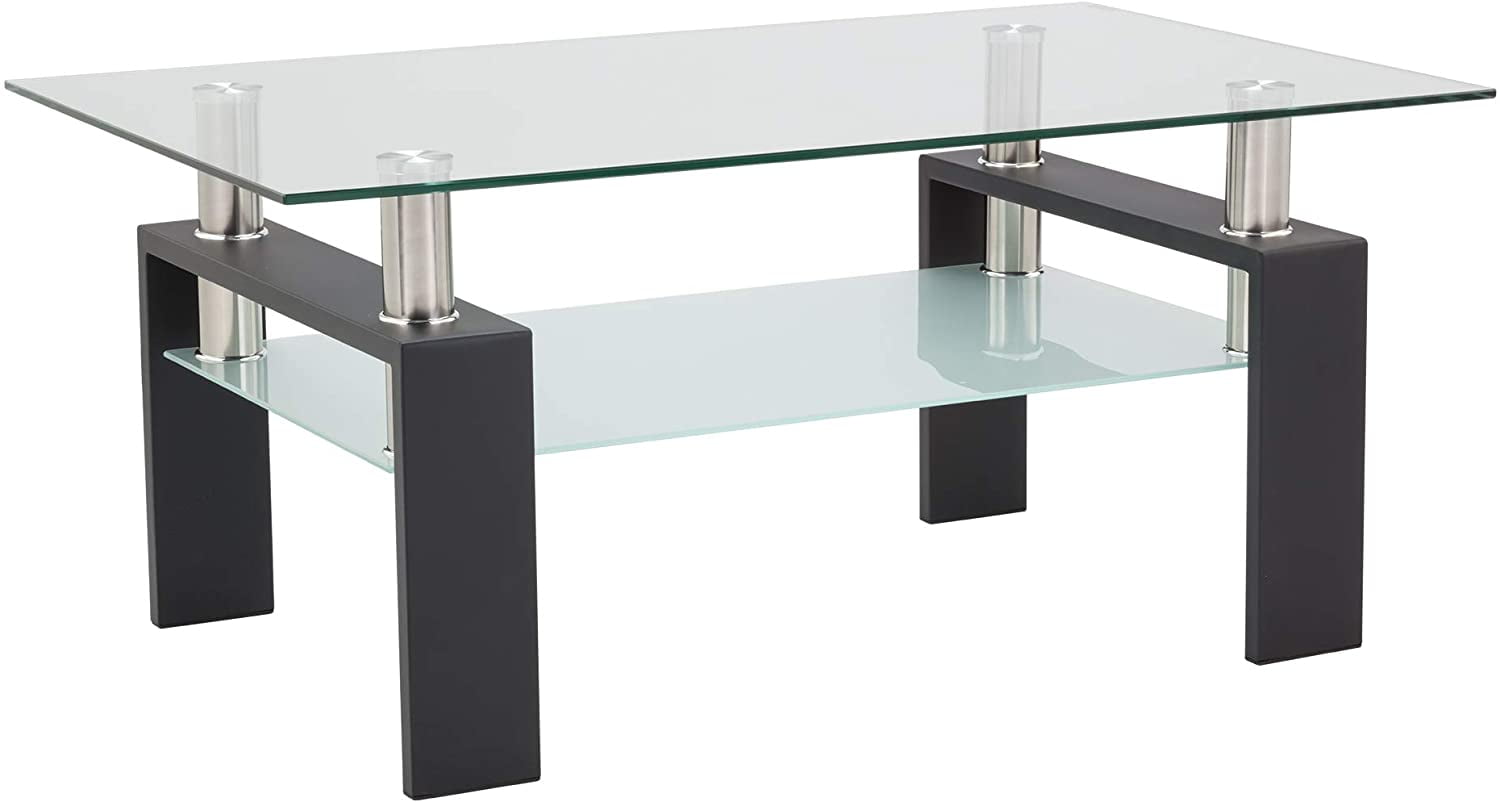 Glass Coffee Table with Lower Shelf, Clear Rectangle Glass Coffee Table, Modern Coffee Table with Metal Legs, Rectangle Center Table Sofa Table Home Furniture for Living Room, L5509