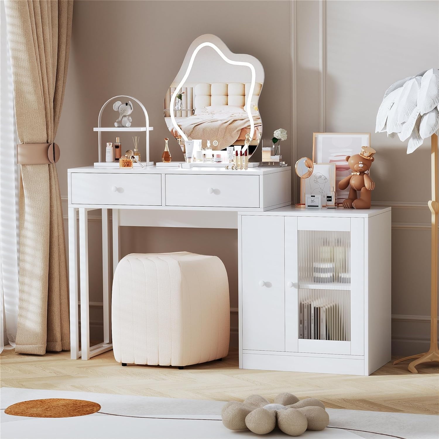 PAKASEPT Makeup Vanity with 3-Color Touch Screen Lighted Mirror, Makeup Table with Drawers and Storage Cabinet, Dressing Table for Women Girls