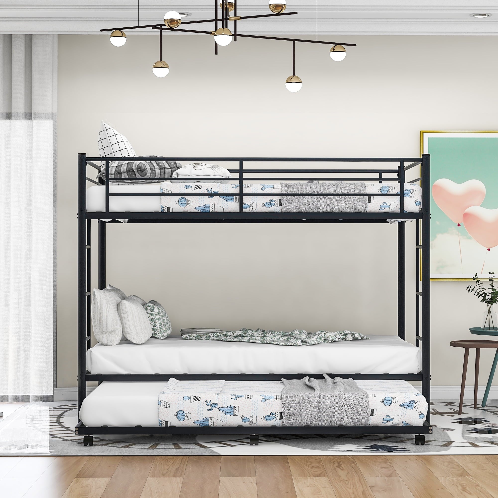 Euroco Metal Twin over Twin Bunk Bed with Trundle for Kids Room, Black