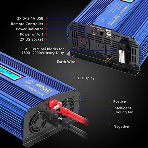 Power Inverter 2000w DC 12V to AC 120V Modified Sine Wave Inverter with 2000W