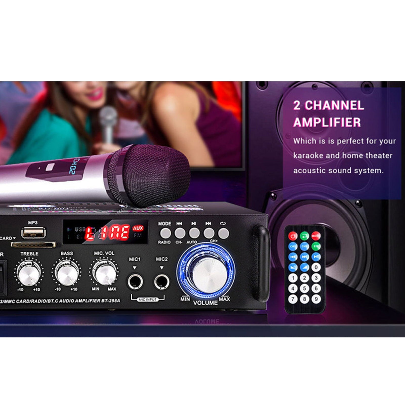 SOONHUA 600W Wireless Bluetooth 5.0 Stereo Audio Amplifier, with Bluetooth LCD Digital Display Stereo Receiver for Home Theater Speakers, Bass & Treble Control, USB/SD/RCA/MIC/FM in, Remote