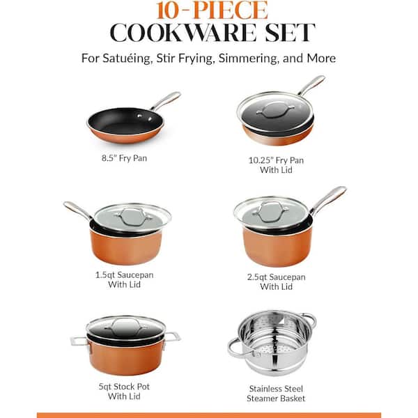 10-Piece Cast-Textured Aluminum Ti-Ceramic Nonstick Cookware Set in Copper
