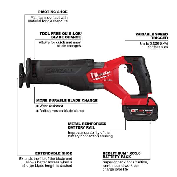 M18 FUEL 18V Lithium-Ion Brushless Cordless SAWZALL Reciprocating Saw Kit W/one 5.0 Ah Batteries, Charger and Case