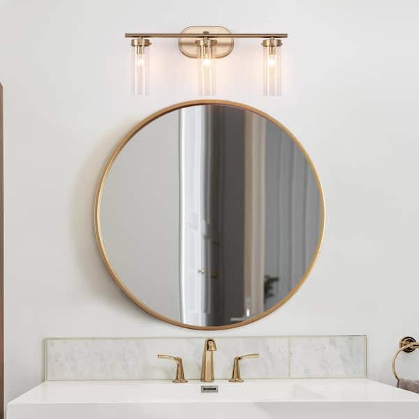 Antique Gold Modern 3-Light Bathroom Vanity Light 21.5 in. Powder Room Wall Light with Cylinder Clear Glass Shades