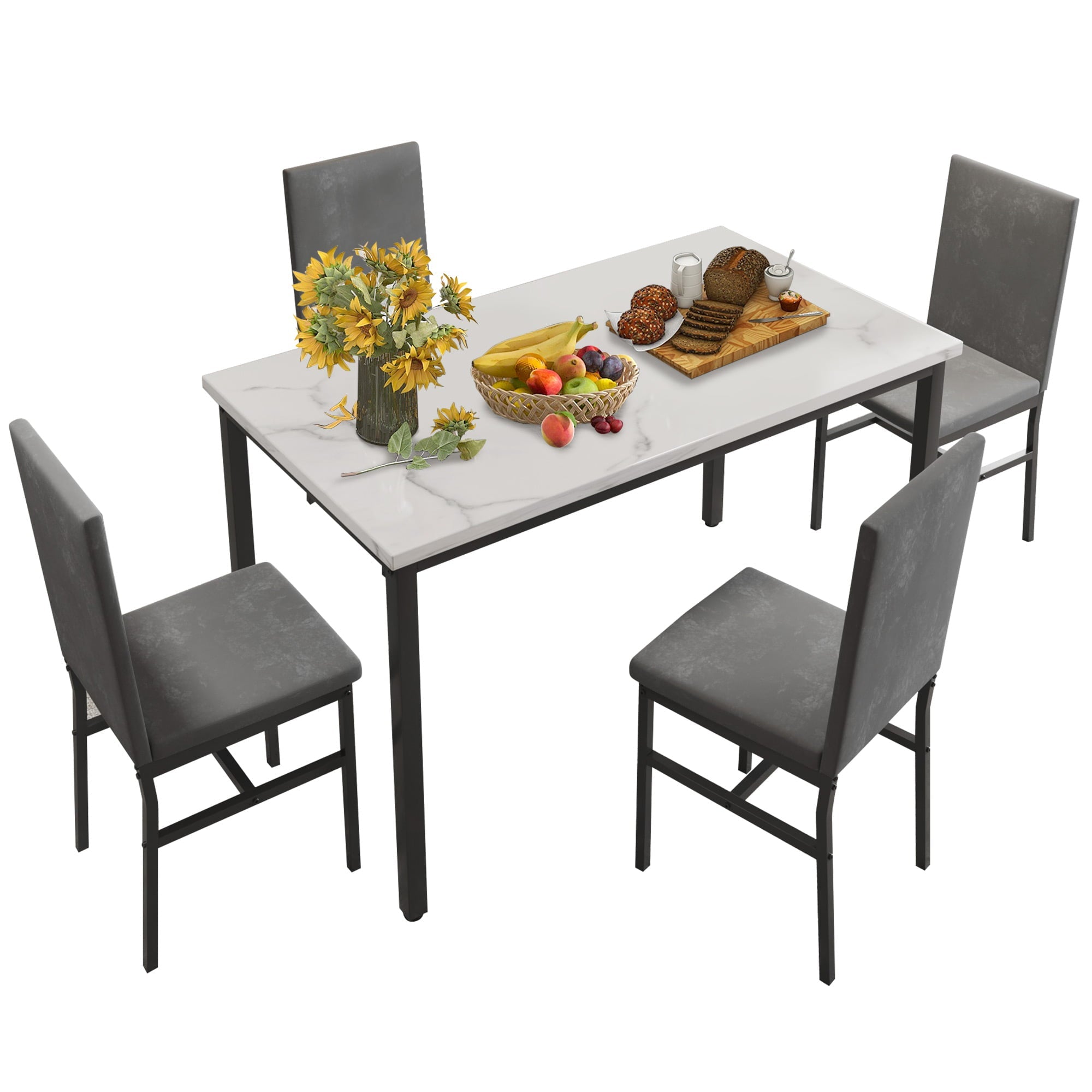 Paproos Dining Table Set for 4, Modern 5-Piece Kitchen Table Set with Marble Top and Velvet Upholstery Chairs, Heavy Duty Dinette Sets for Breakfast Nook, Dining Room Table and Chairs, Gray