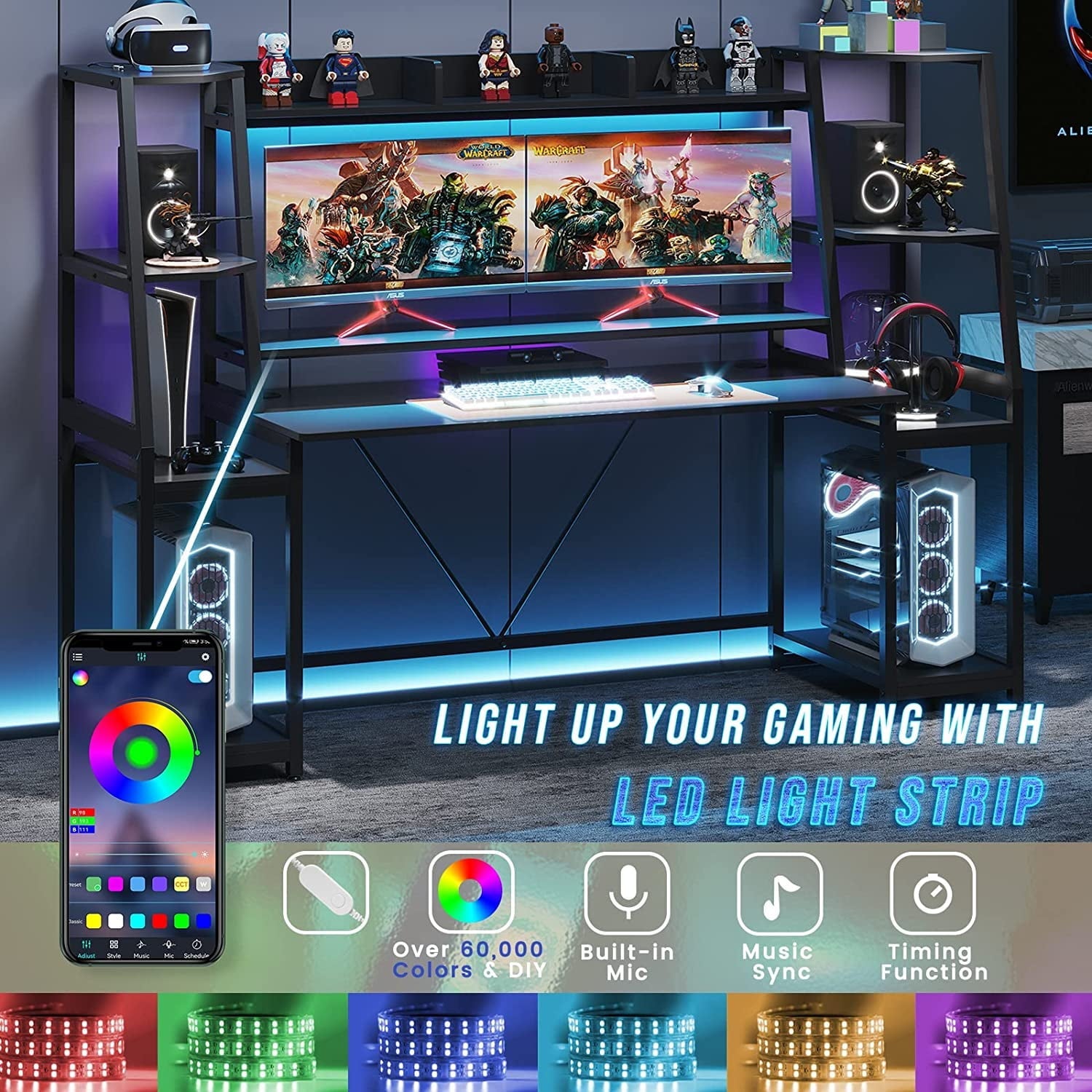 78.8 Inches Gaming Desk with LED Lights, Hutch and Storage Shelves, Ergonomic Computer Desk, Black