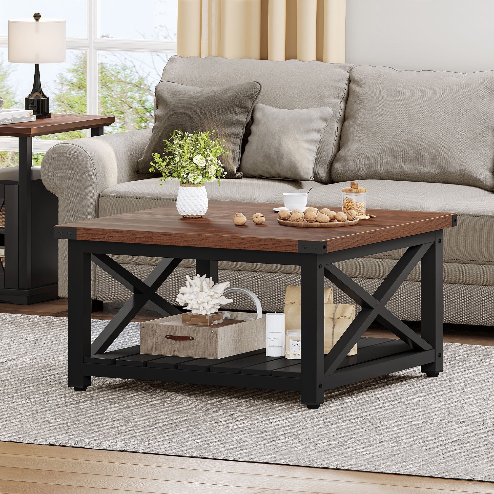 Dextrus Farmhouse Coffee Table Square Wood Center Table End Table with Open Storage Shelf for Living Room, Gray Wash