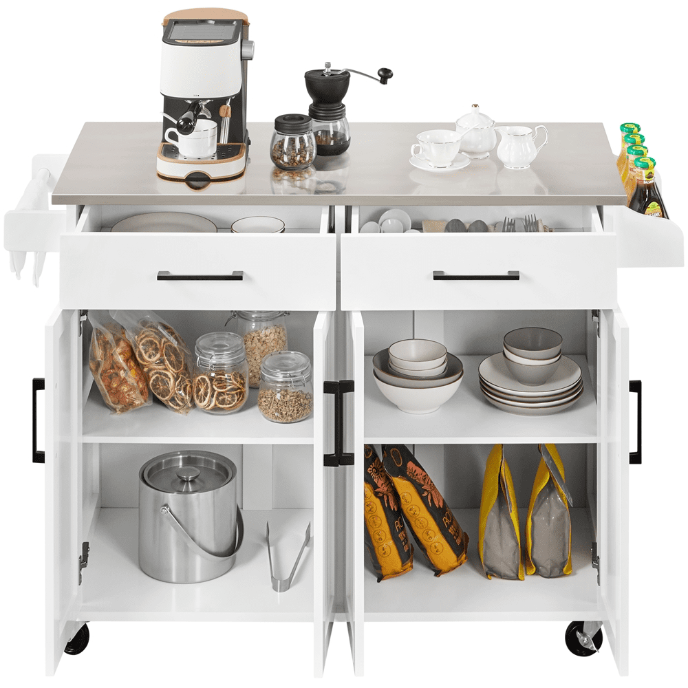 Easyfashion Large Kitchen Island Cart with Stainless steel tabletop, White