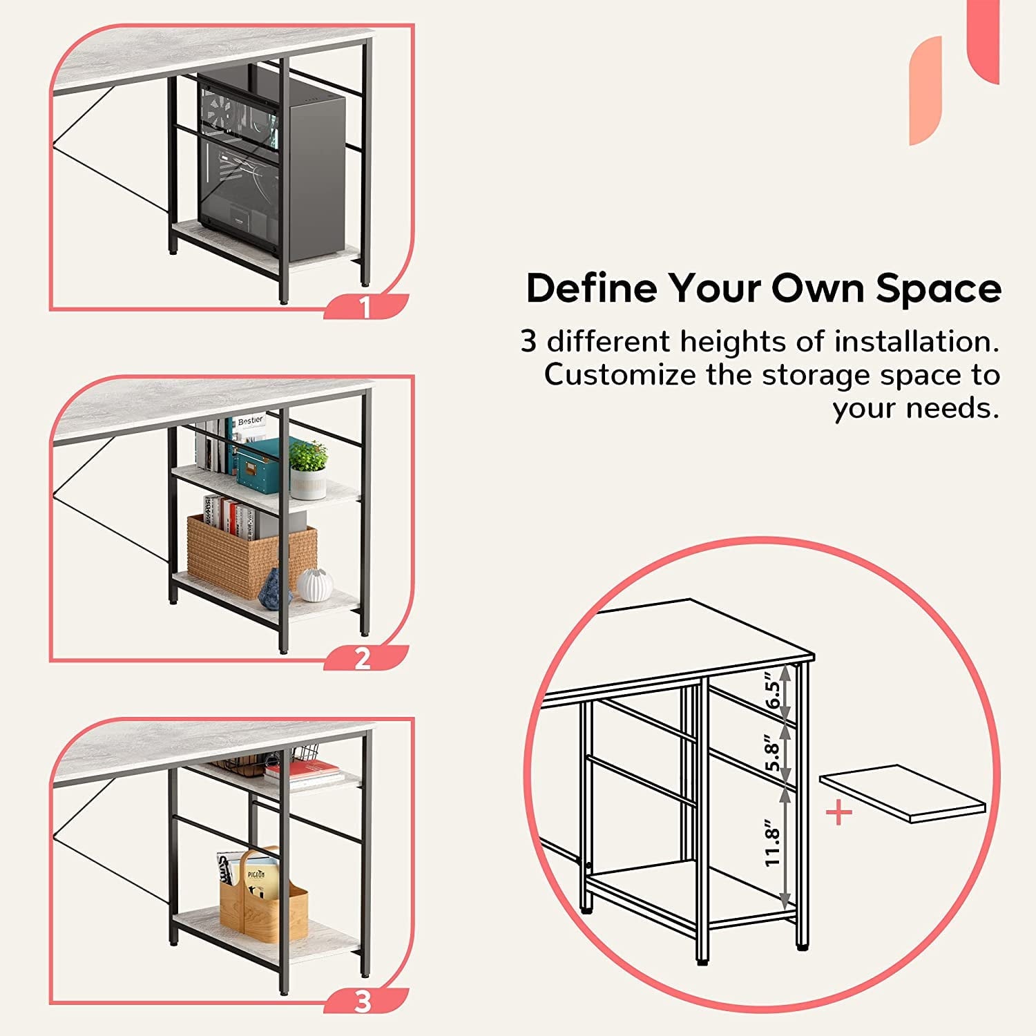 Bestier 86.6 inch Reversible L Shaped Desk with Shelves Grey