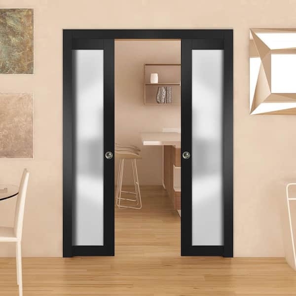 48 in. x 80 in. 1-Panel Black Finished Solid Wood Sliding Door with Double Pocket Hardware