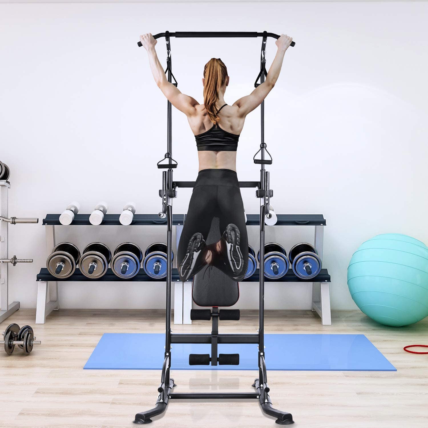 GARTIO Heavy Duty Power Tower Pull Up Bar Dip Station W/ Sit up Bench Home Gym Strength Training Adjustable Height - 400 lbs