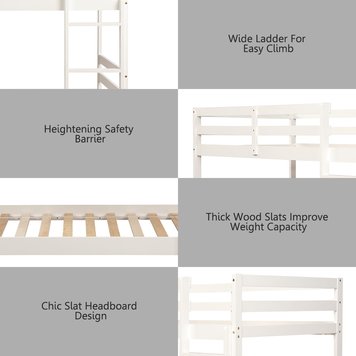 Costway Twin Over Twin Wood Bunk Beds Ladder Safety Rail White
