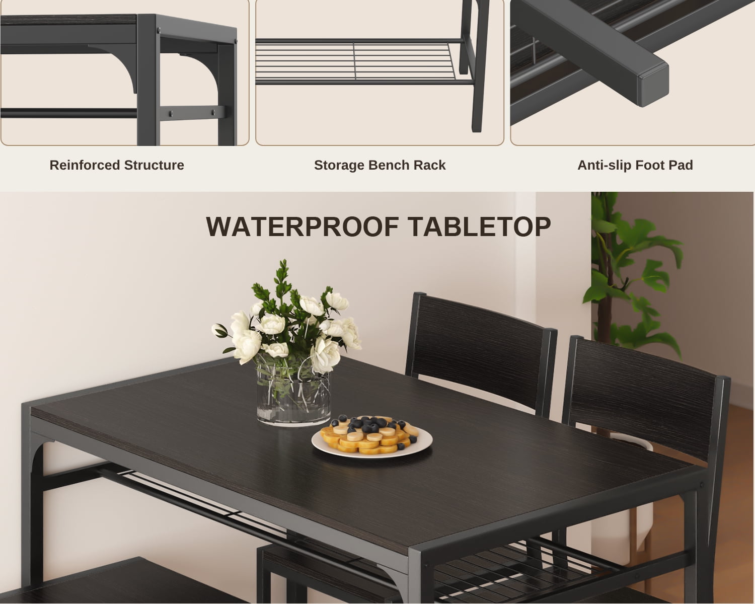 Aiho 4 Piece Kitchen Table with 2 Chairs and Bench for Dining Room, Black