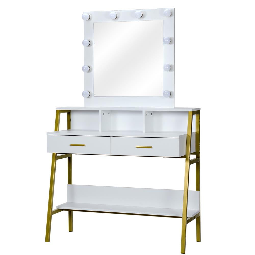 FCH Vanity Table Makeup Dressing Table with Mirror, 2 Drawers, 10 Lights for Bedroom, Gold and White