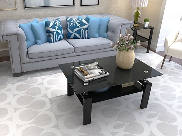 Black Glass Coffee Table Set of 3 Piece, Living Room Table Set of 3, Black Coffee Table and End Coffee Table Sets, Metal Frame (All Black A, Set of 3)