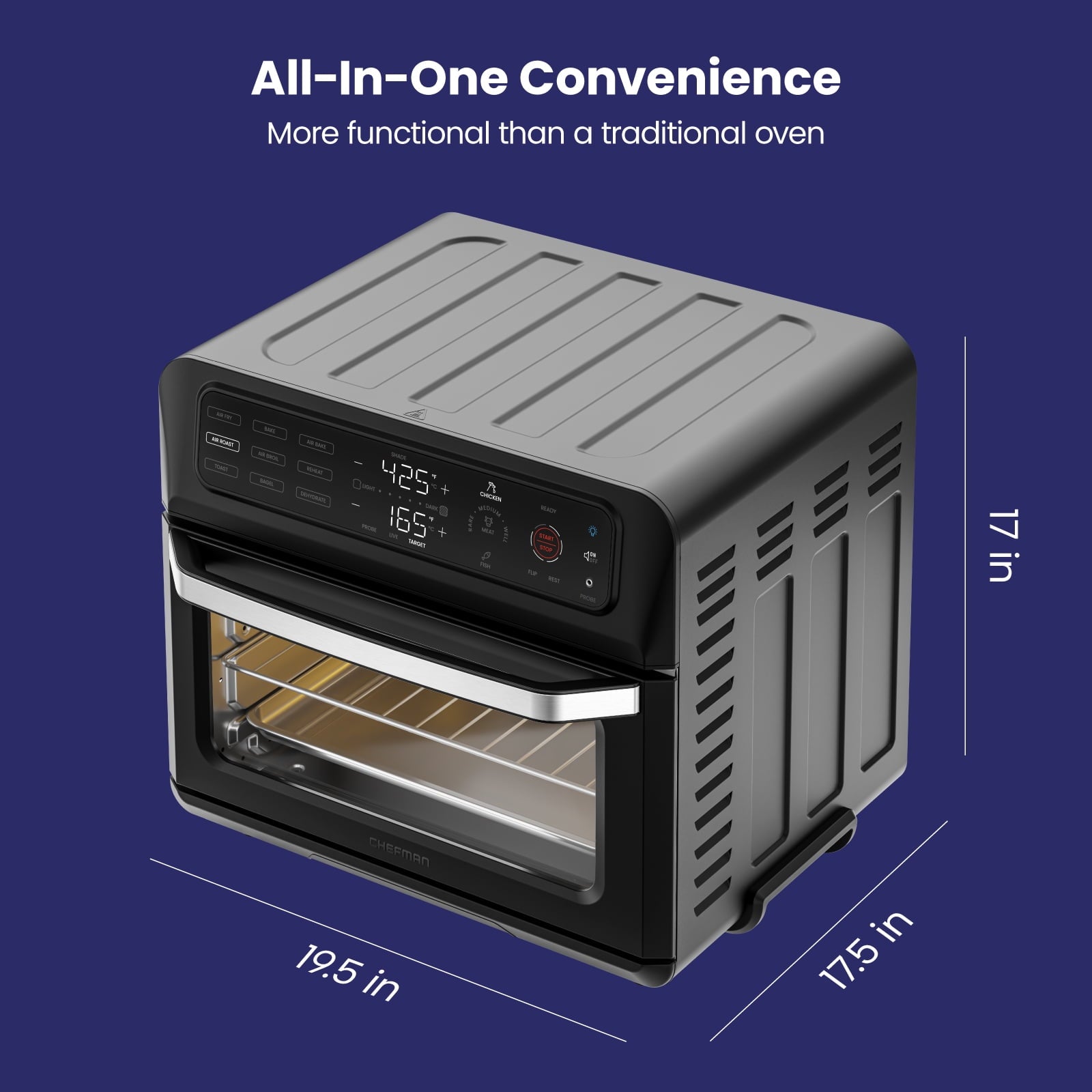 Chefman 12-in-1 Air Fryer Oven Combo w/ Probe Thermometer, 20 qt Capacity, Black Stainless Steel