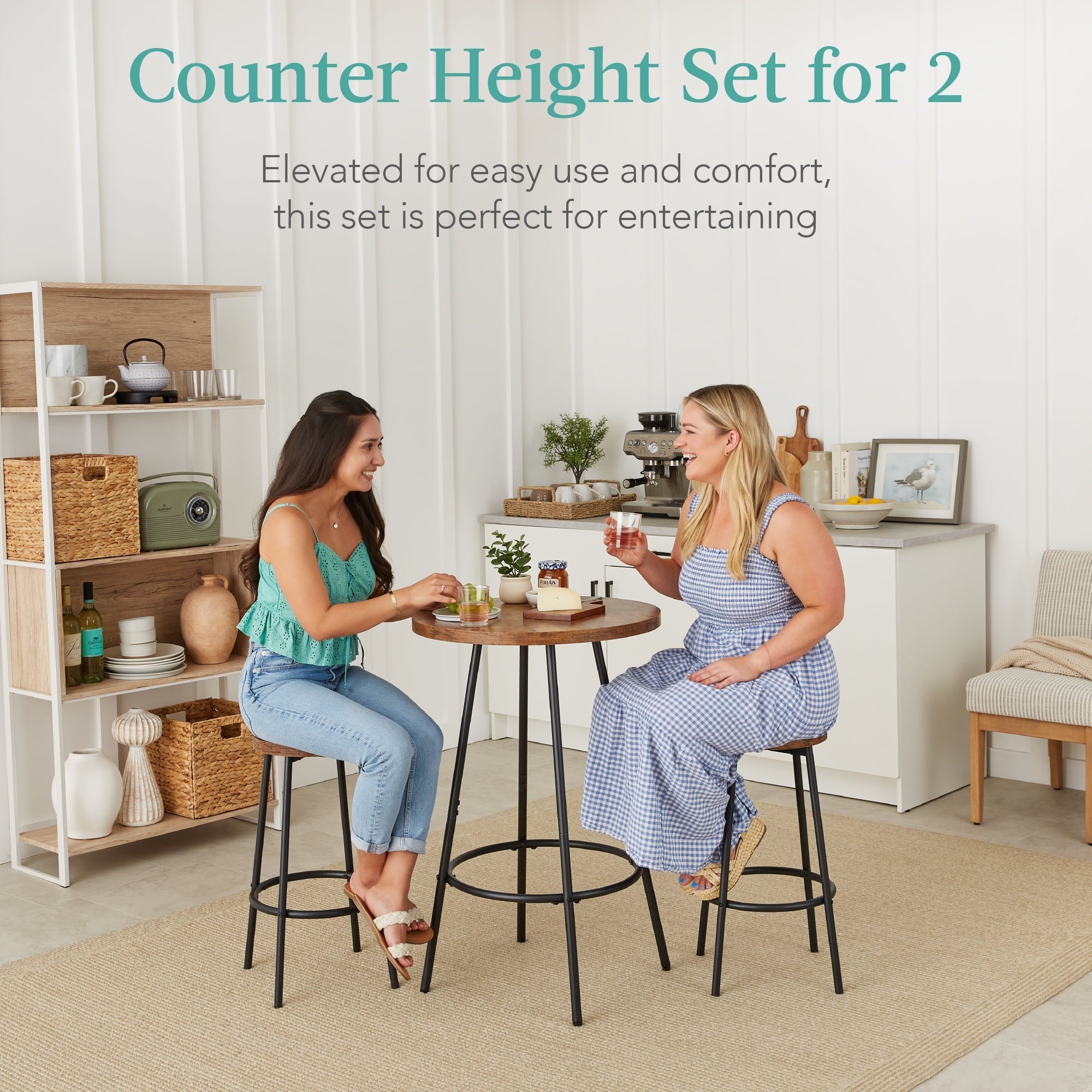 Best Choice Products 3-Piece Bistro Set, Modern Round Counter Height Dining Set w/ 2 Stools, Metal Frame - Medium Brown