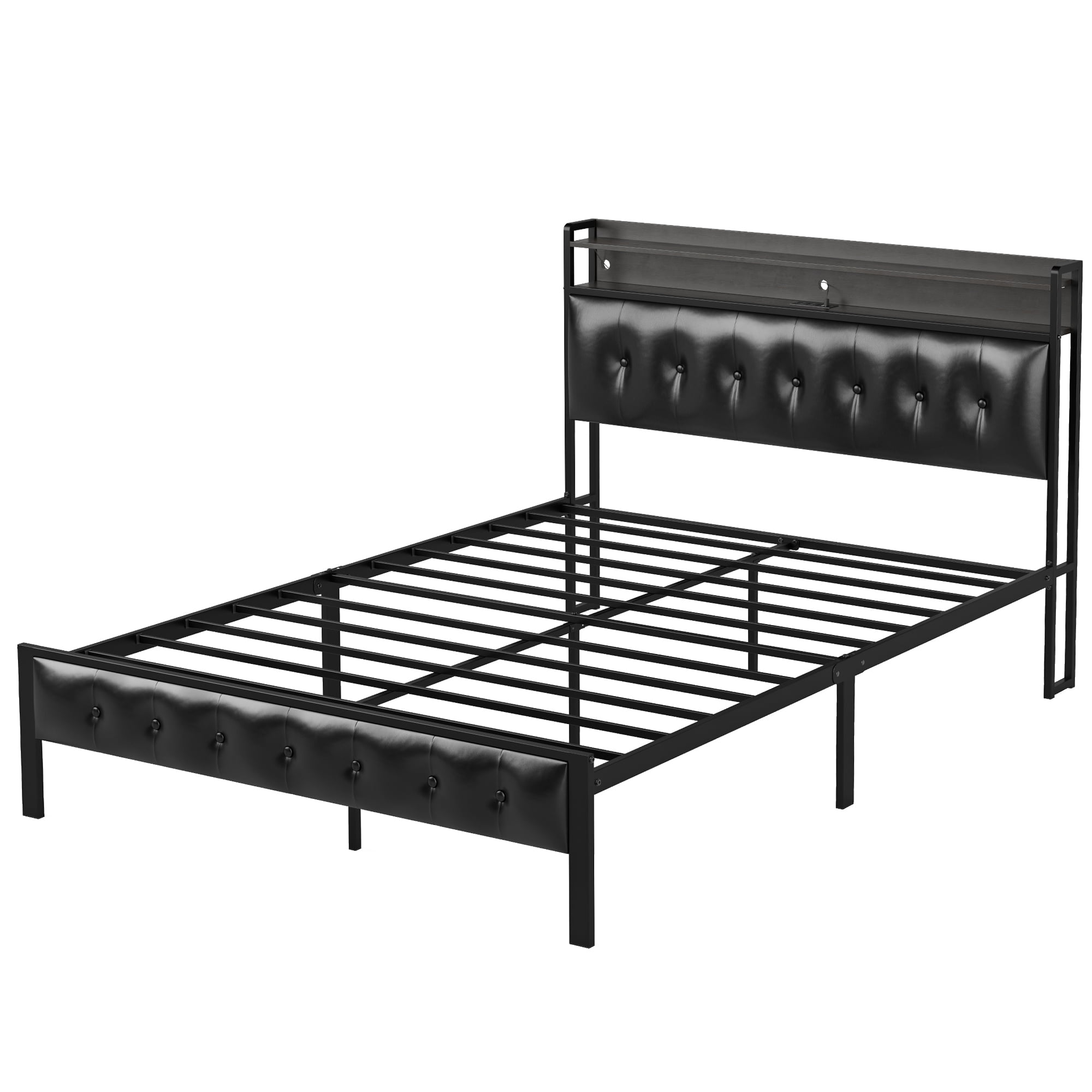 GUNAITO Queen Bed Frame with Storage Headboard Upholstered Platform Bed with LED Lights USB Ports & Outlets Black