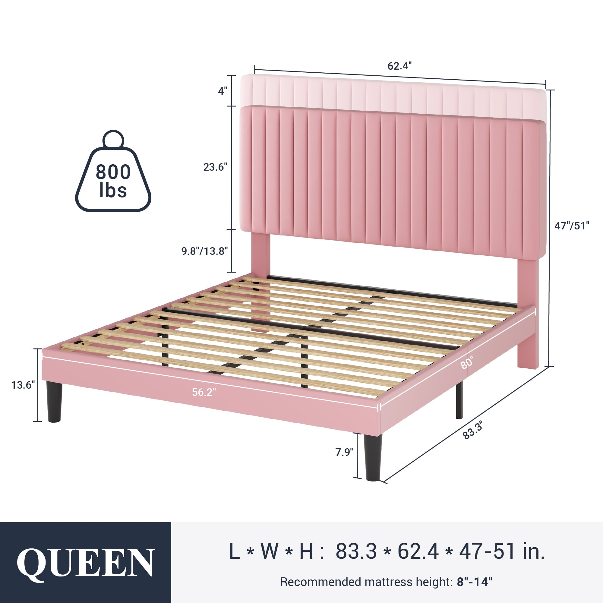 SHA CERLIN Pink Queen Size Upholstered Platform Bed Frame with Adjustable Channel Velvet Headboard, Adult