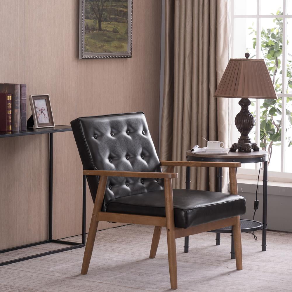 Ktaxon Mid Century Accent Chair, Wood Frame Armchair, Single sofa with Faux PU Leather Brown