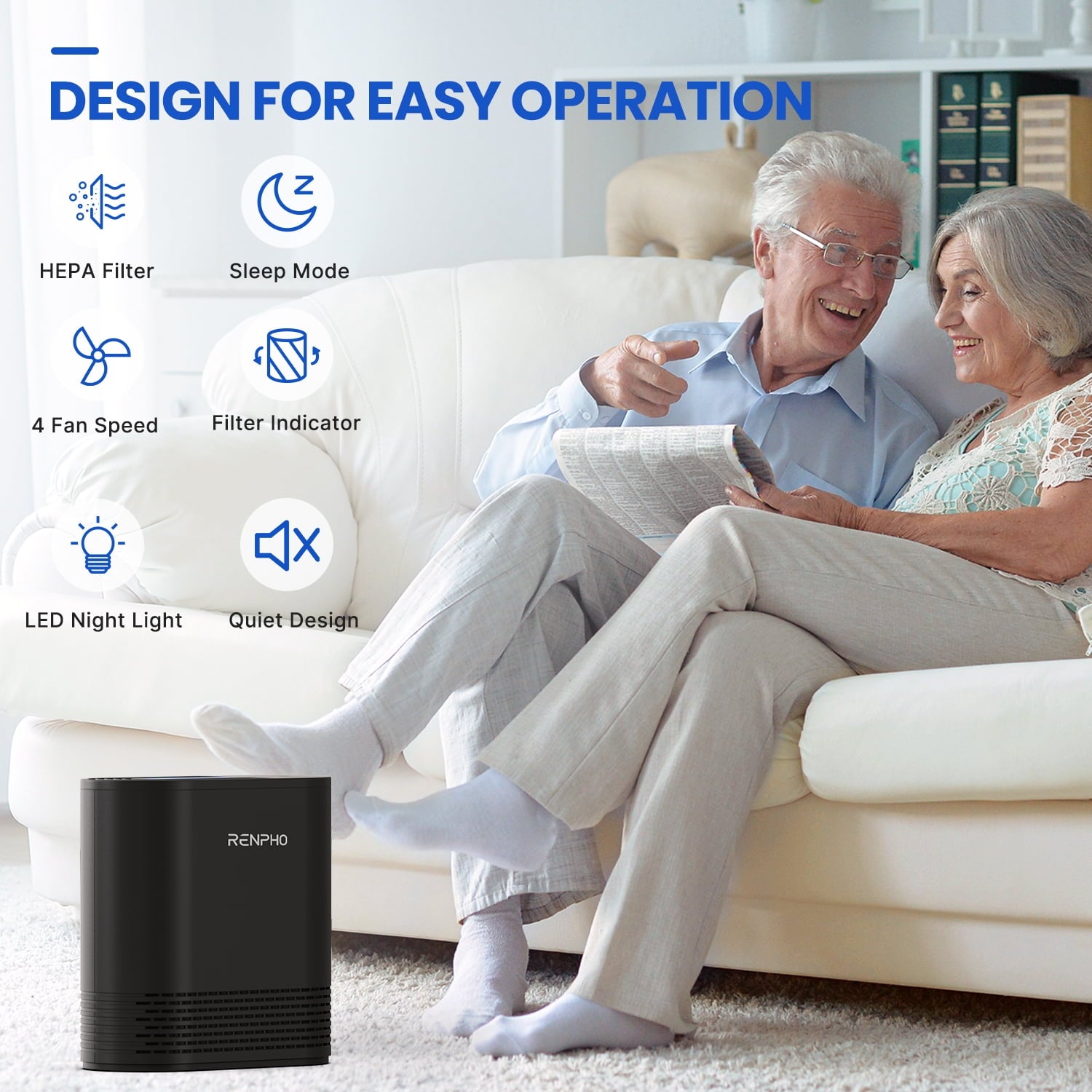 RENPHO True HEPA Air Purifier for Allergies & Asthma, Black