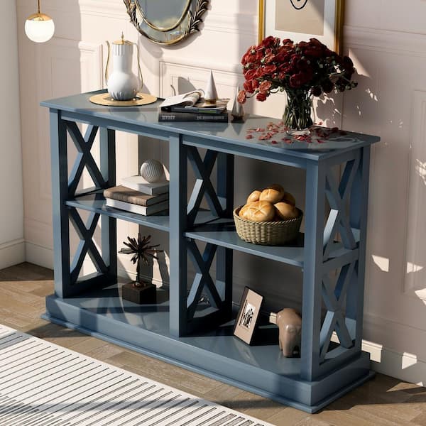 46 in.Navy blue Small Sofa Table, Rectangle Wood Console Table with 3 Tier Open Storage & 