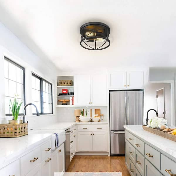 11.8 in. 2-Light Black Finish Farmhouse Ceiling Flush Mount Light Fixture