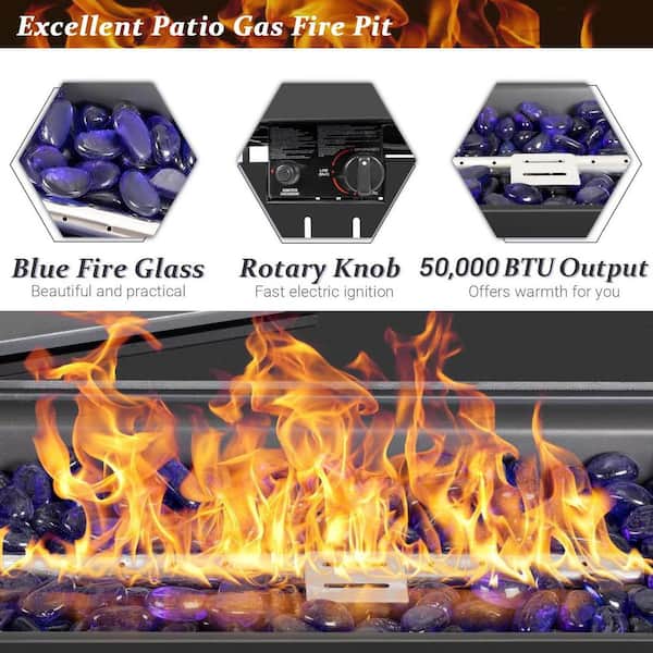 43 in. 50,000 BTU Black Steel Propane Fire Pit Table with Glass Wind Guard, Blue Fire Beads, Lid and Cover