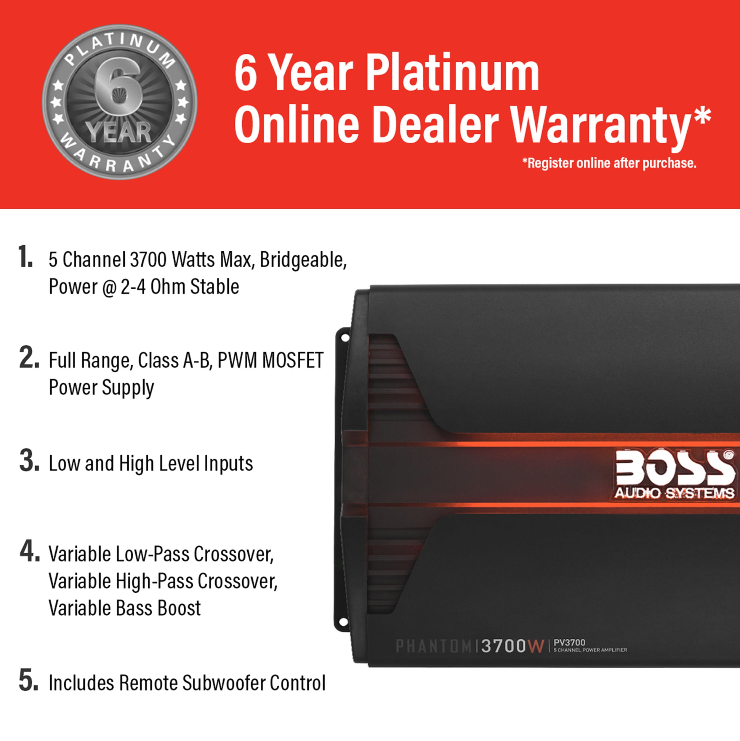 BOSS Audio Systems PV3700 5 Phantom Series Car Audio Amplifier – 3700 High Output, 5 Channel, 2/4 Ohm Stable, Low/High Level Inputs, High/Low Pass Crossover, Full Range, Bridgeable, Subwoofer
