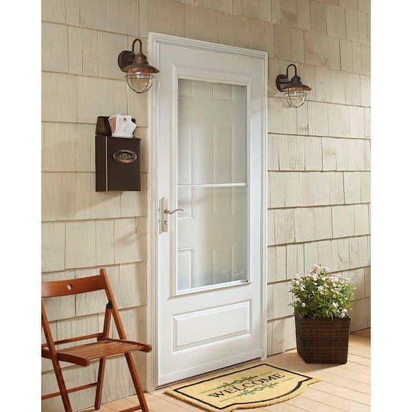 400-Series 36 in. x 80 in. White Universal 3/4-Light Retractable Aluminum Storm Door with Brass Hardware